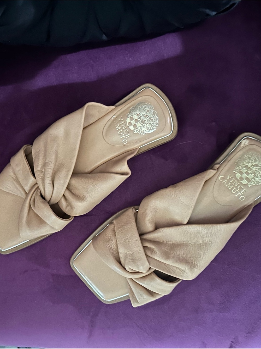Vince Camuto Beige Knotted Leather Slide Mules